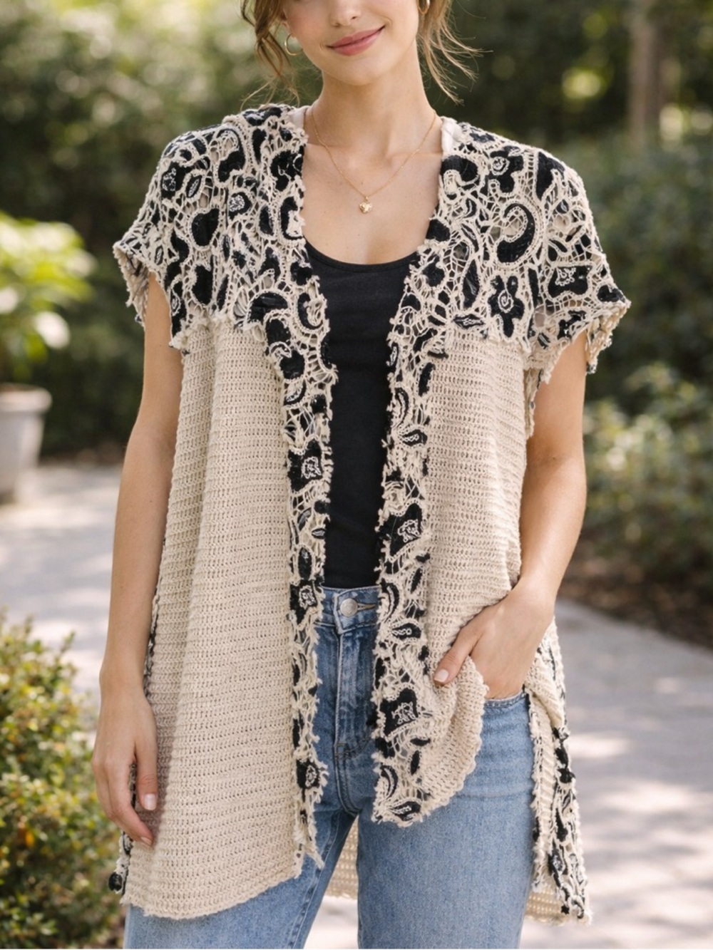 POL Crocheted Hooded Open-Front Short Sleeve Lace Cardigan Cream & Black EUC S/M